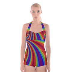 Abstract Pattern Lines Wave Boyleg Halter Swimsuit  by BangZart