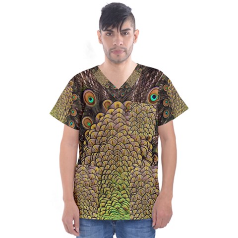 Peacock Feathers Wheel Plumage Men s V-neck Scrub Top by BangZart