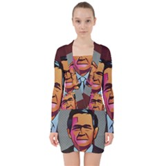 George W Bush Pop Art President Usa V-neck Bodycon Long Sleeve Dress by BangZart