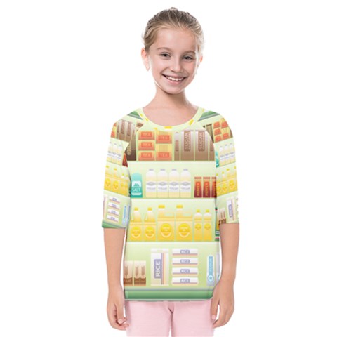 Supermarket Shelf Coffee Tea Grains Kids  Quarter Sleeve Raglan Tee by Celenk