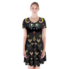 Merry Black Cat In The Night And A Mouse Involved Pop Art Short Sleeve V-neck Flare Dress by pepitasart