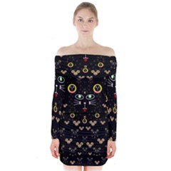 Merry Black Cat In The Night And A Mouse Involved Pop Art Long Sleeve Off Shoulder Dress by pepitasart