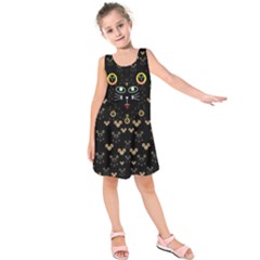 Merry Black Cat In The Night And A Mouse Involved Pop Art Kids  Sleeveless Dress by pepitasart