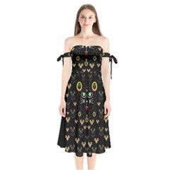 Merry Black Cat In The Night And A Mouse Involved Pop Art Shoulder Tie Bardot Midi Dress by pepitasart