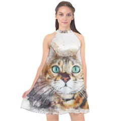 Cat Animal Art Abstract Watercolor Halter Neckline Chiffon Dress  by Celenk