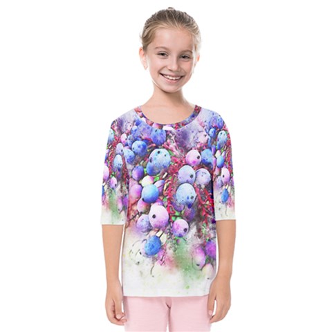 Berries Pink Blue Art Abstract Kids  Quarter Sleeve Raglan Tee by Celenk