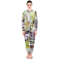 River Bridge Art Abstract Nature Onepiece Jumpsuit (ladies)  by Celenk