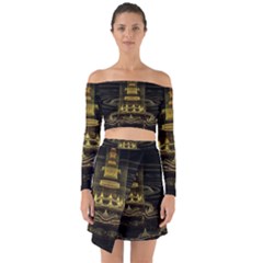 Fractal City Geometry Lights Night Off Shoulder Top With Skirt Set by Celenk