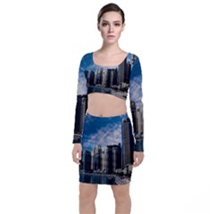 Skyscraper City Architecture Urban Long Sleeve Crop Top & Bodycon Skirt Set by Celenk