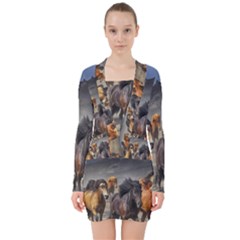 Horses Stampede Nature Running V-neck Bodycon Long Sleeve Dress by Celenk