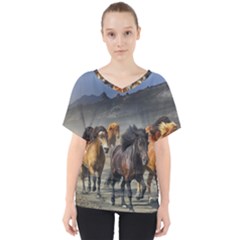 Horses Stampede Nature Running V-neck Dolman Drape Top by Celenk