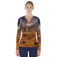 Palace Monument Architecture V-neck Long Sleeve Top by Celenk