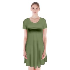 Earth Green Short Sleeve V-neck Flare Dress by snowwhitegirl