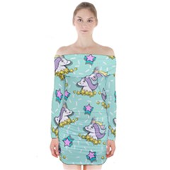 Magical Happy Unicorn And Stars Long Sleeve Off Shoulder Dress by Bigfootshirtshop