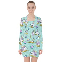 Magical Happy Unicorn And Stars V-neck Bodycon Long Sleeve Dress by Bigfootshirtshop