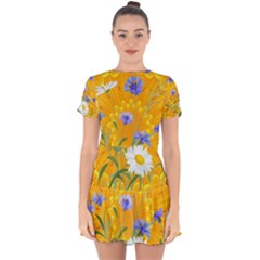 Flowers Daisy Floral Yellow Blue Drop Hem Mini Chiffon Dress by Nexatart