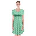 Pink Flowers Green Short Sleeve V-neck Flare Dress View1