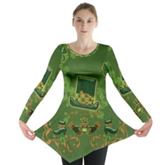 Happy St  Patrick s Day With Clover Long Sleeve Tunic  by FantasyWorld7