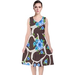 Floral Giraffe Print V-neck Midi Sleeveless Dress  by dawnsiegler