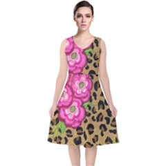 Floral Leopard Print V-neck Midi Sleeveless Dress  by dawnsiegler