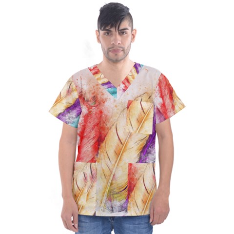 Feathers Bird Animal Art Abstract Men s V-neck Scrub Top by Nexatart