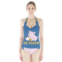 Go Vegan - Cute Pig And Chicken Halter Swimsuit by Valentinaart