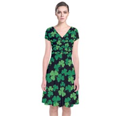 St  Patricks Day Clover Pattern Short Sleeve Front Wrap Dress by Valentinaart