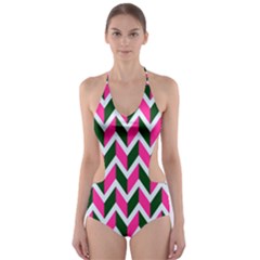 Chevron Pink Green Retro Cut-out One Piece Swimsuit by snowwhitegirl