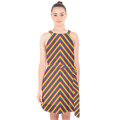 Gay Pride Flag Rainbow Chevron Stripe Halter Collar Waist Tie Chiffon Dress by PodArtist