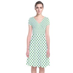 Green Heart-shaped Clover On White St  Patrick s Day Short Sleeve Front Wrap Dress by PodArtist