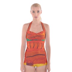 Guy With Weird Haircut Boyleg Halter Swimsuit  by snowwhitegirl