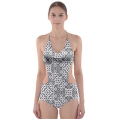 Black And White Oriental Ornate Cut-out One Piece Swimsuit by dflcprints