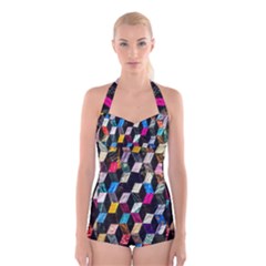 Abstract Multicolor Cubes 3d Quilt Fabric Boyleg Halter Swimsuit  by Sapixe