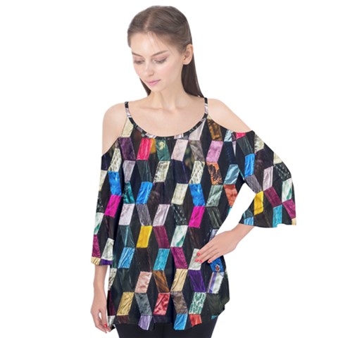 Abstract Multicolor Cubes 3d Quilt Fabric Flutter Tees by Sapixe