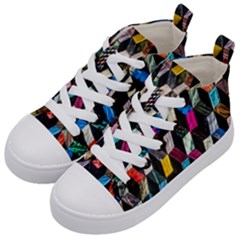 Abstract Multicolor Cubes 3d Quilt Fabric Kid s Mid-top Canvas Sneakers by Sapixe