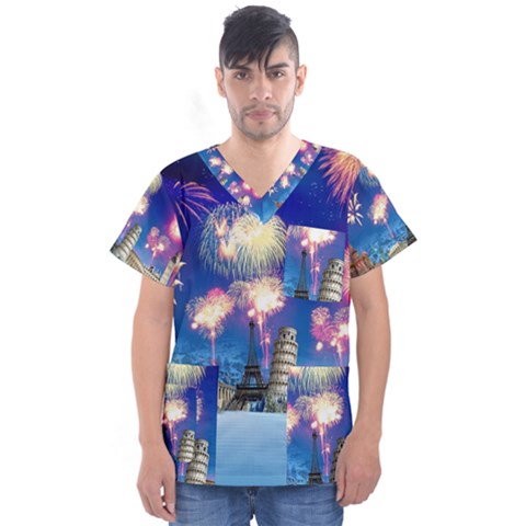 Happy New Year Celebration Of The New Year Landmarks Of The Most Famous Cities Around The World Fire Men s V-neck Scrub Top by Sapixe