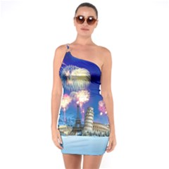 Happy New Year Celebration Of The New Year Landmarks Of The Most Famous Cities Around The World Fire One Soulder Bodycon Dress by Sapixe