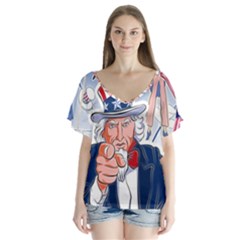 United States Of America Celebration Of Independence Day Uncle Sam V-neck Flutter Sleeve Top by Sapixe