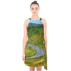 Cliff Coast Road Landscape Travel Halter Collar Waist Tie Chiffon Dress by Sapixe