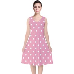 Pink Polka Dot Background V-neck Midi Sleeveless Dress  by Modern2018