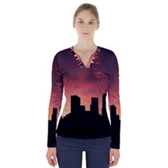 Skyline Panoramic City Architecture V-neck Long Sleeve Top by Simbadda