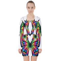 Abstract Animal Art Butterfly V-neck Bodycon Long Sleeve Dress by Simbadda