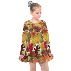 Autumn Fall Leaves Kids  Long Sleeve Dress by LoolyElzayat