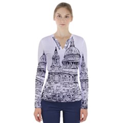 Line Art Architecture Church V-neck Long Sleeve Top by Sapixe