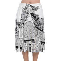 Line Art Architecture Old House Velvet Flared Midi Skirt by Sapixe