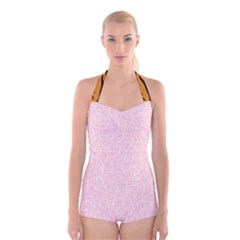 Elios Shirt Faces In White Outlines On Pale Pink Cmbyn Boyleg Halter Swimsuit  by PodArtist