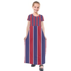 Large Red White And Blue Usa Memorial Day Holiday Vertical Cabana Stripes Kids  Short Sleeve Maxi Dress by PodArtist