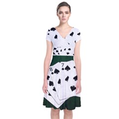 Poker Hands Straight Flush Spades Short Sleeve Front Wrap Dress by FunnyCow