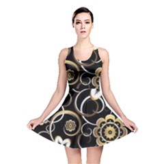 Beautiful Gold And White Flowers On Black Reversible Skater Dress by flipstylezfashionsLLC