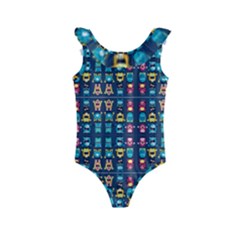 Funny Monsters In Blue Background Kids  Frill Swimsuit by flipstylezfashionsLLC